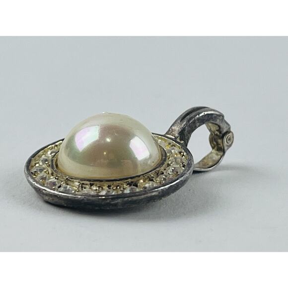 Vintage Roman Faux Pearl Rhinestone Silver tone Pendant for Necklace Round 1" Sc - Picture 9 of 16